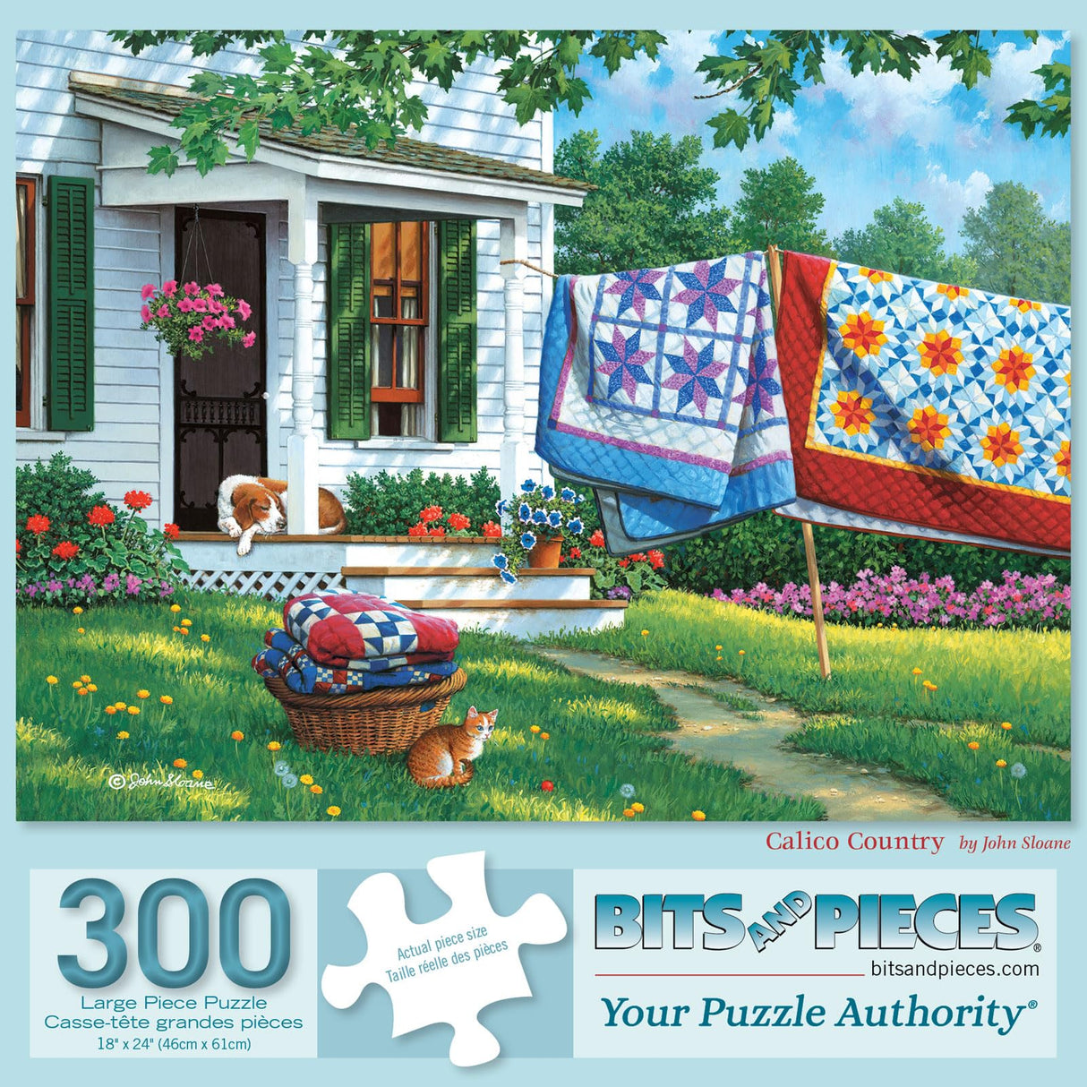 Bits and Pieces - 300 Piece Jigsaw Puzzle for Adults - 18" x 24" - Calico Country - 300 pc Large Piece Quilts Dog and Cat Jigsaw by John Sloane Bits and Pieces