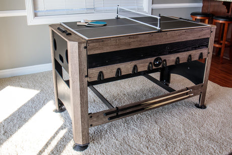 56” 4-in-1 Swivel Multi-Game Table - Air Hockey, Billiards, Foosball, Ping Pong - Rustic Wood Grain Finish, Brown Triumph