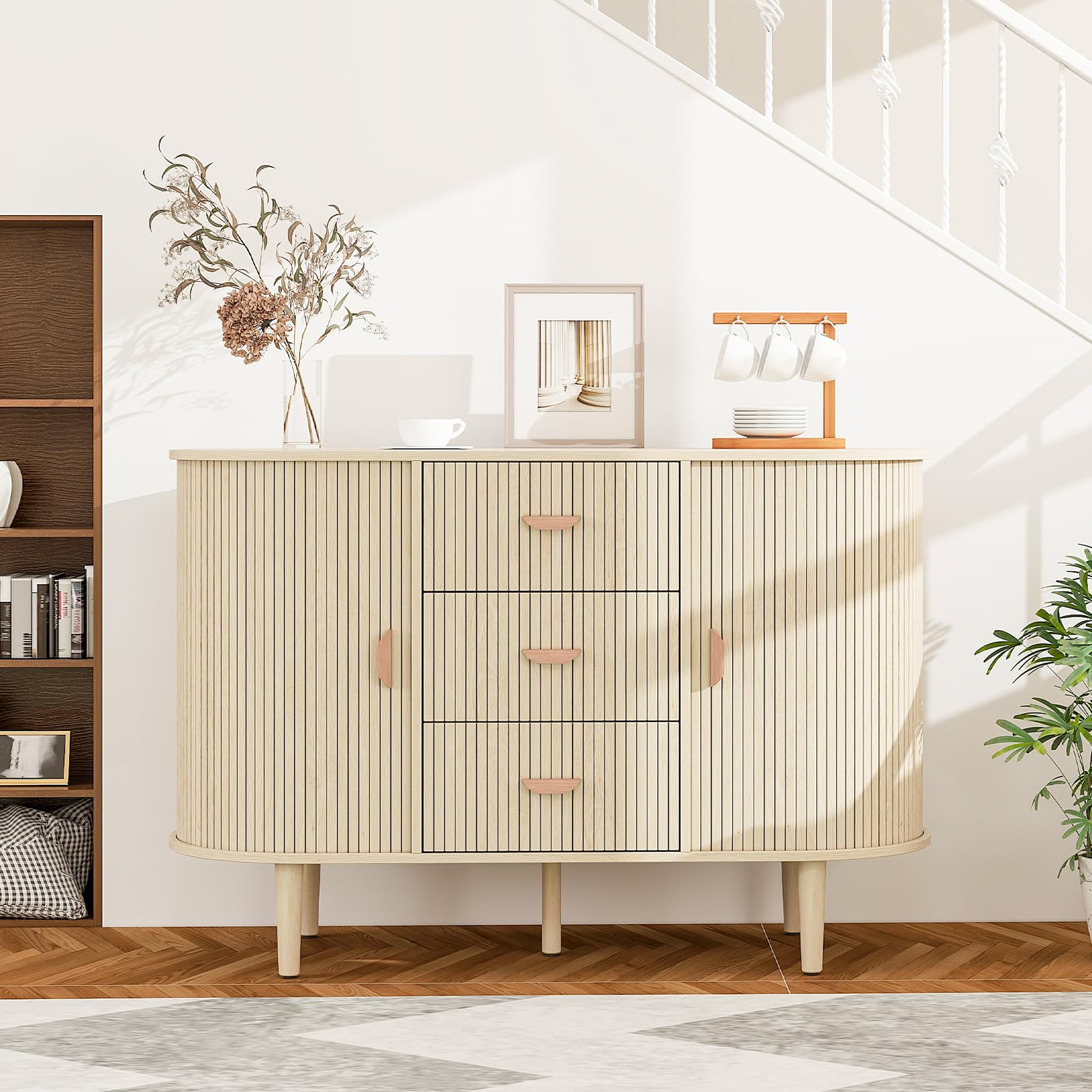 YHAOWORKS Sideboard Buffet Cabinet with Storage - Fluted Sideboard with Sliding Door, Wooden Console Cabinet with Drawers, 48" Modern Credenza for Living Room (Oka Beige) - WoodArtSupply