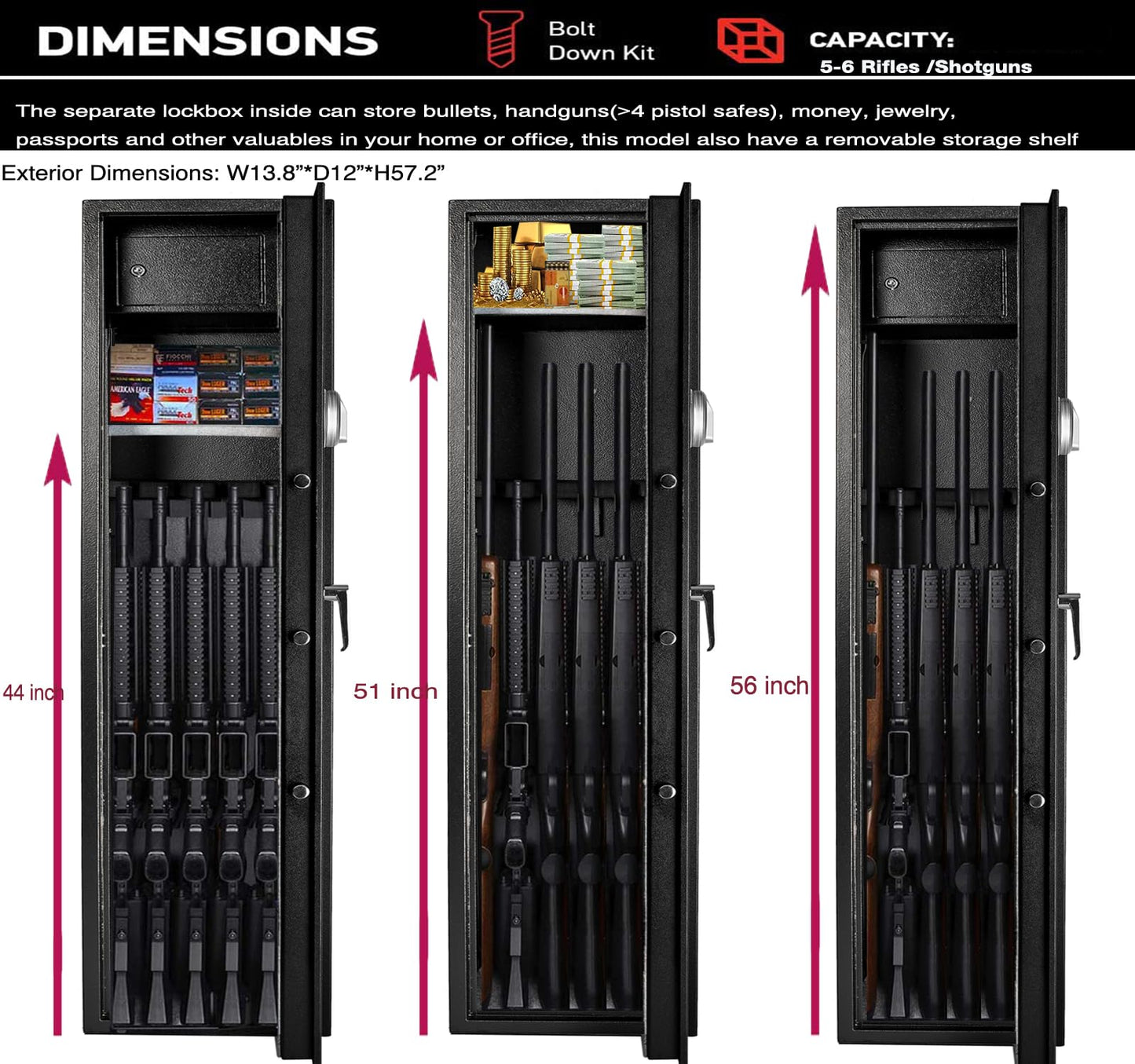 Larger and Deeper Rifle Safe, New and Improved Gun Safe for 5-6 Rifles and Shotguns for Home, Quick Access Gun Cabinet (w or w/o Scope) with Lockbox Silent Mode