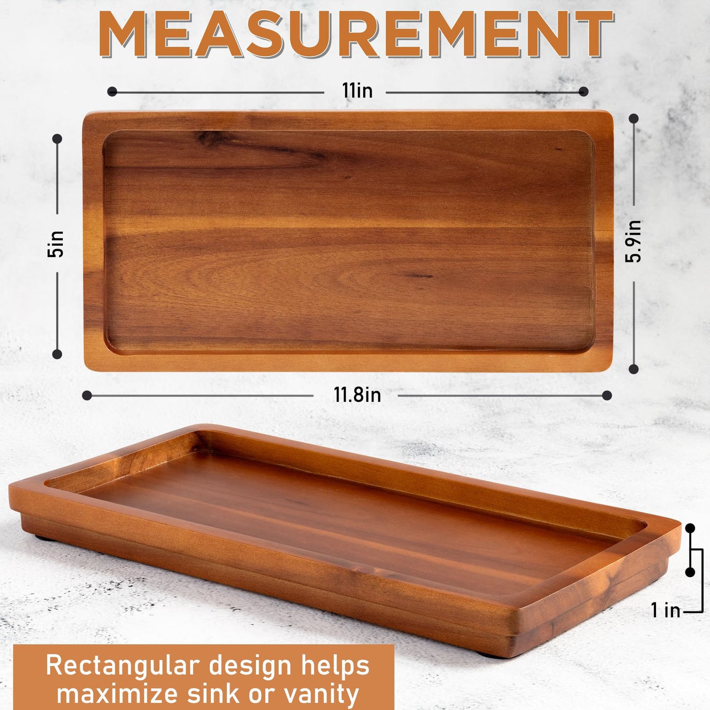 Bathroom Vanity Tray 11.8 x 5.9 inches of Natural Acacia Wood - Elegant Organizer for Cosmetics, Jewelry, Perfume, Candle, Key - Premium Wood Tray for Bathroom, Kitchen, Countertop, Toilet Tank, Sink