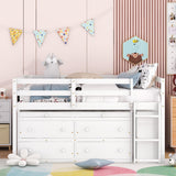 Full size Low Loft Bed with Storage, Full Size Loft Bed with Portable Desk & 4 Drawers, Wood Full Loft Bed Frame with Shelves, Modern Farmhouse Junior Loft Bed for Kids Boys Girls, White Harper & Bright Designs
