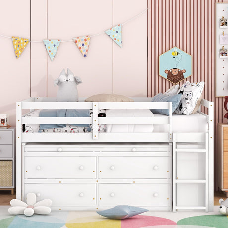 Full size Low Loft Bed with Storage, Full Size Loft Bed with Portable Desk & 4 Drawers, Wood Full Loft Bed Frame with Shelves, Modern Farmhouse Junior Loft Bed for Kids Boys Girls, White Harper & Bright Designs