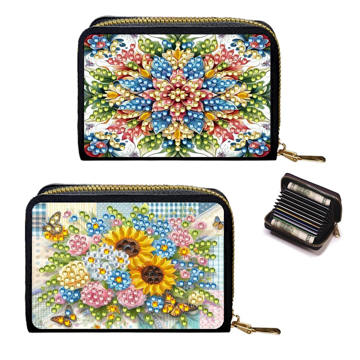 yzARTche Diamond Art Painting Credit Card Wallet, RFID Blocking Gem Art PU Leather Zipper Card Holder Wallet for Women-2PCS-A yzARTche