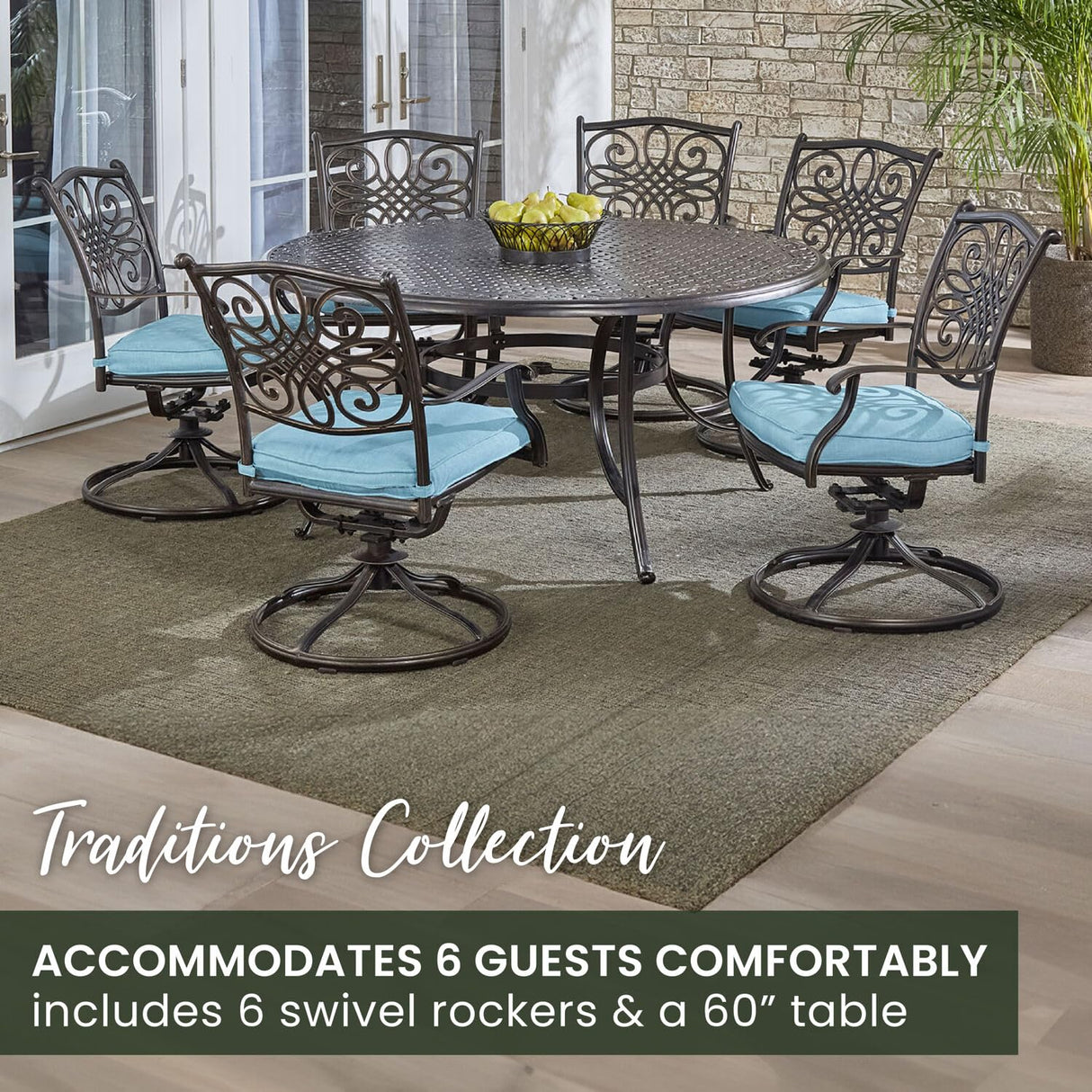 Hanover Traditions 7-Piece Patio Dining Set with 60" Round Cast-Top Table and Swivel Rockers with Blue Cushions, Patio Dining Set for 6, Premium Weather Resistant Outdoor Dining Set Hanover