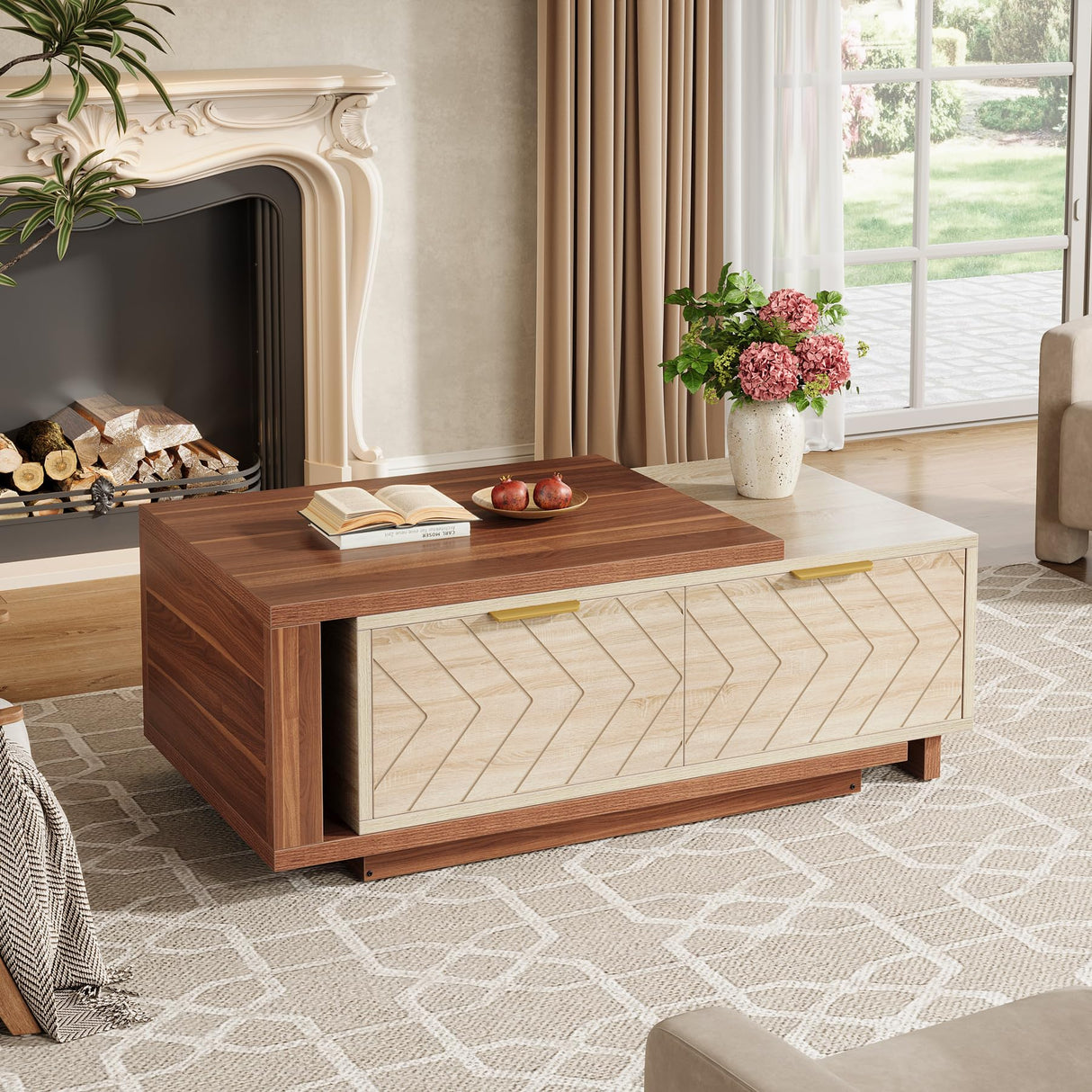 Tribesigns Adjustable Extendable Coffee Table with 2 Drawers, 42"-65" Length Reversible Center Table Storage for Living Room with for Living Room (Walnut & Oak) Tribesigns