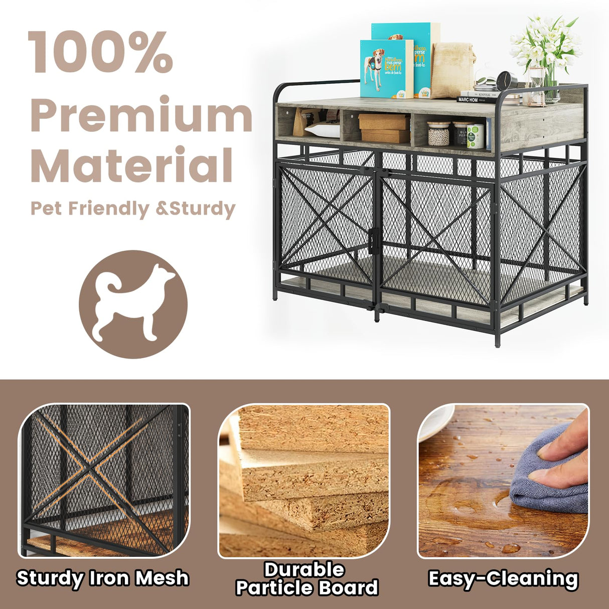 LEMBERI Dog Crate Furniture Large Breed,Wodeen Large Dog Kennel Indoor End Table,Heavy Duty Dog Crate,Decorative Pet Crate Dog Cage (Gray) LEMBERI