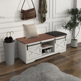 IDEALHOUSE 47'' Farmhouse Shoe Storage Bench with Padded Seat Cushion, End of Bed Entryway Bench with 2 Barn Doors, Adjustable Shelf for Entryway, Living Room, Bedroom White IDEALHOUSE