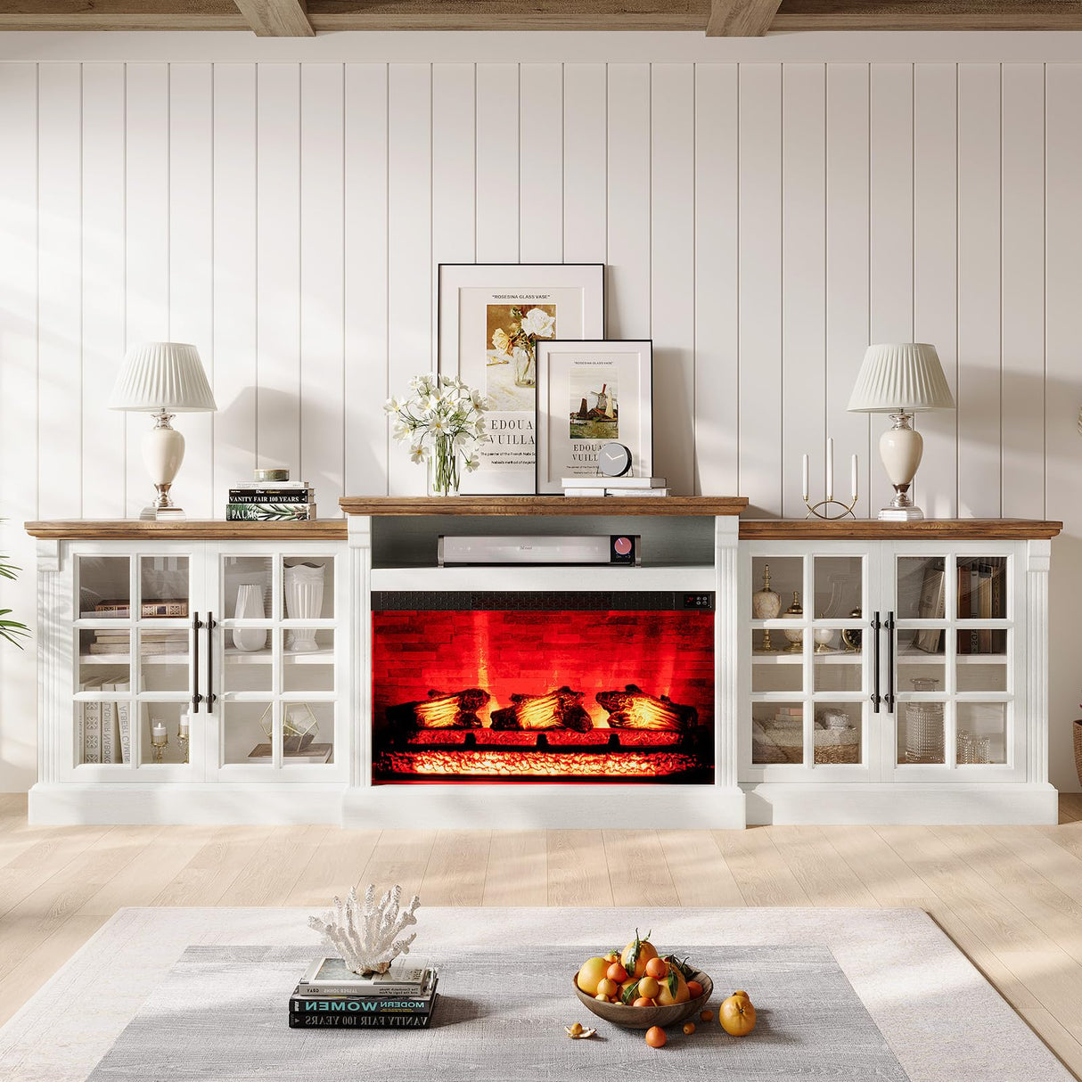 LUXOAK 97" Farmhouse TV Stand with 33" Fireplace for TVs up to 100", Media Entertainment Center with Large Storage Cabinet Adjustable Shelves for Living Room, White/Barnwood LUXOAK