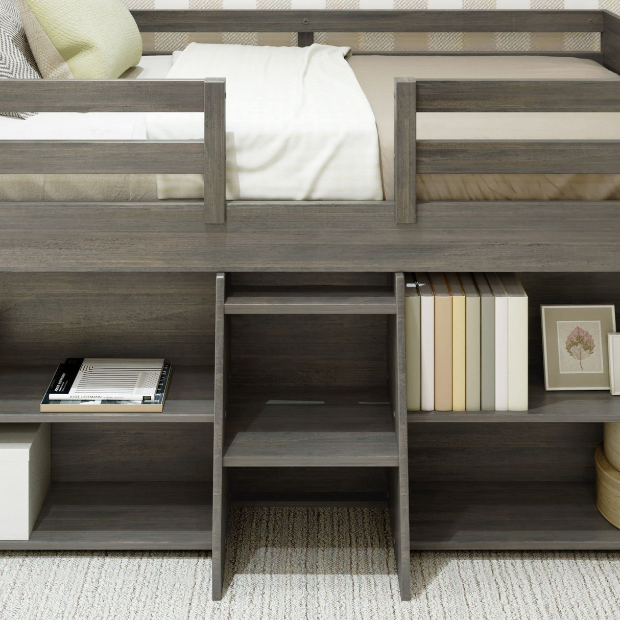 Max & Lily Driftwood Modern Farmhouse Low Loft Bed with 2 Bookcases for Kids Max & Lily