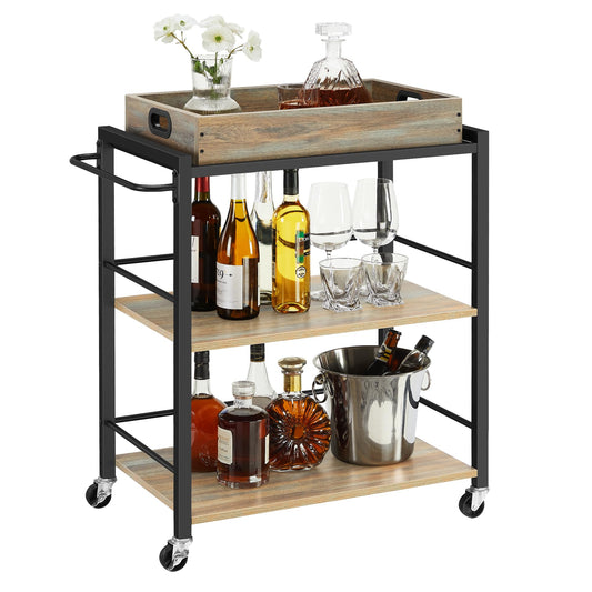 VASAGLE Kitchen Serving Cart with Removable Tray, 3-Tier Kitchen Utility Cart on Wheels with Storage, with Brakes, Leveling Feet, 15.7 x 28.3 x 33.9 Inches, Turquoise Brown and Ink Black ULRC072K60