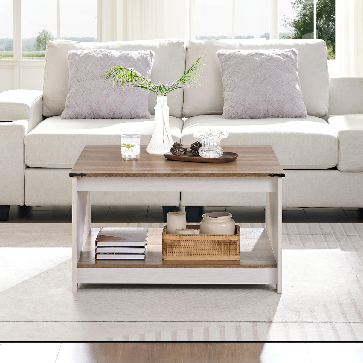 OKYCI Farmhouse Coffee Table for Living Room, Wood Square Coffee Tables, 31.5" D x 31.5" W, Grey Wash OKYCI