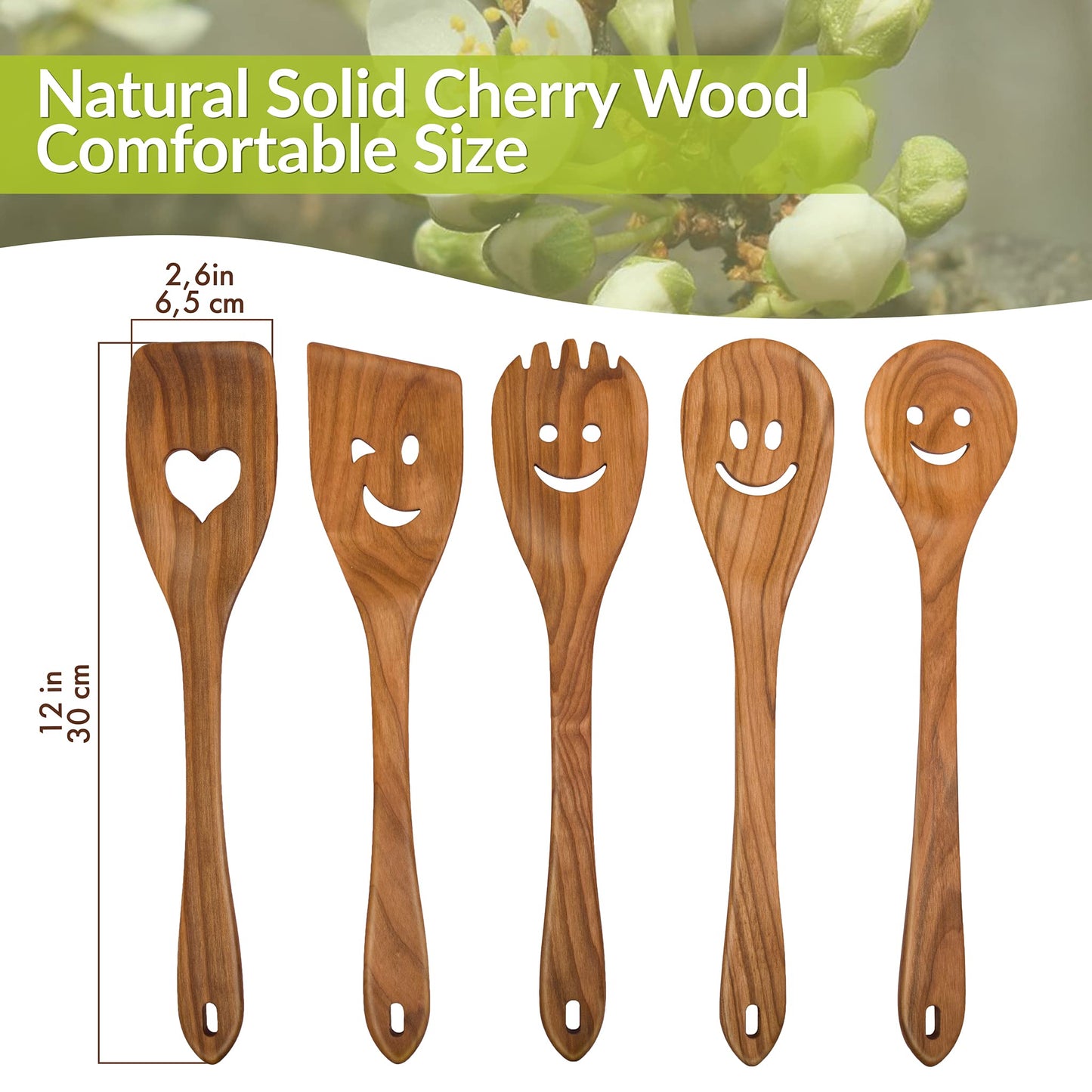 MFC 5-Piece Wooden Cooking Spoons - Kitchen Spatula Set from Natural Cherry Wood - Wooden Spoons for Cooking - Funny Wooden Utensil Set with Smiley Faces - Cooking Multipurpose Wooden Utensils