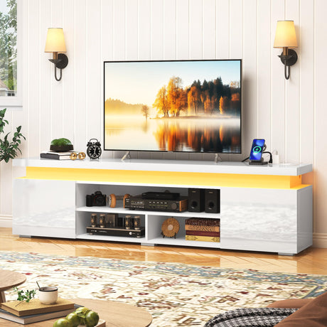 75IN LED TV Stand for 80/85 Inch TV, Modern Gaming TV Stand with Power Outlet, Large High Gloss TV Console Entertainment Center with Storage for Living Room, White Hlivelood