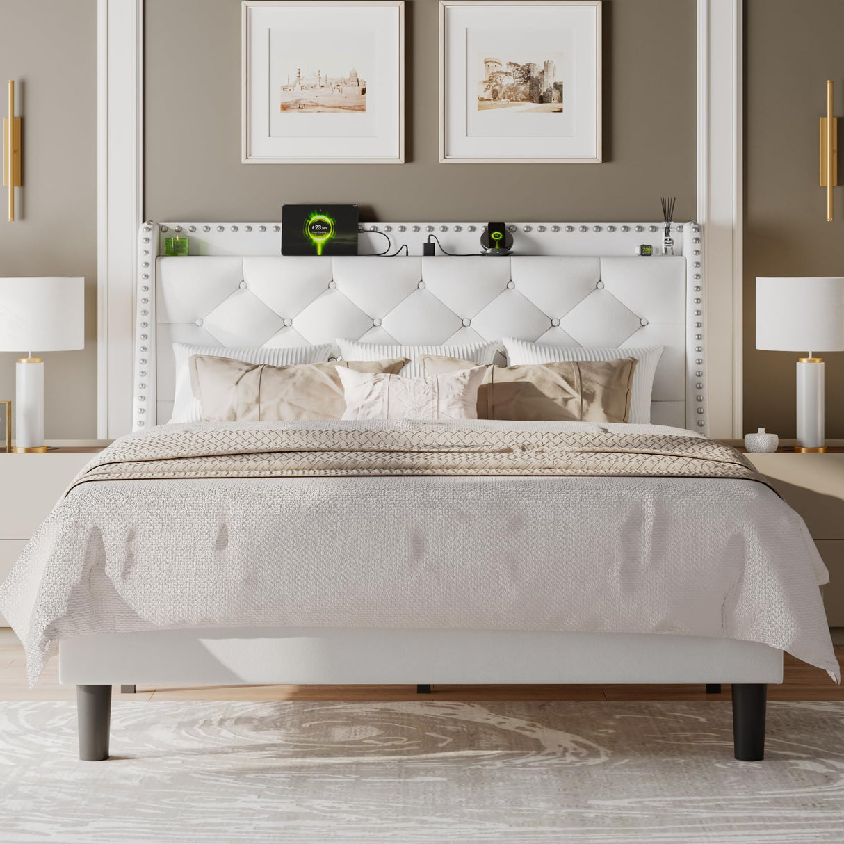Feonase Full Size Bed Frame with Velvet Luxury Wingback Upholstered Button Tufted Storage Headboard, Full Platform Bed with Charging Station, Sturdy Wooden Slats Support, Easy Assembly, White Feonase