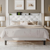 Feonase Full Size Bed Frame with Velvet Luxury Wingback Upholstered Button Tufted Storage Headboard, Full Platform Bed with Charging Station, Sturdy Wooden Slats Support, Easy Assembly, White Feonase