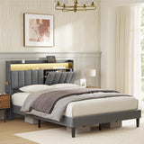 Modern Upholstered FYRENA Queen Bed Frame with Storage Headboard, LED Lights, USB Ports & Strong Wood Slats Support FYRENA