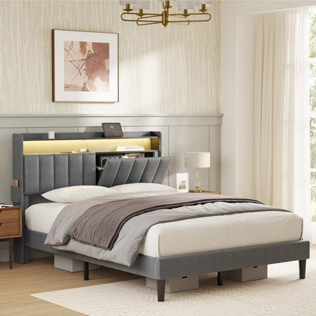 Modern Upholstered FYRENA Queen Bed Frame with Storage Headboard, LED Lights, USB Ports & Strong Wood Slats Support FYRENA