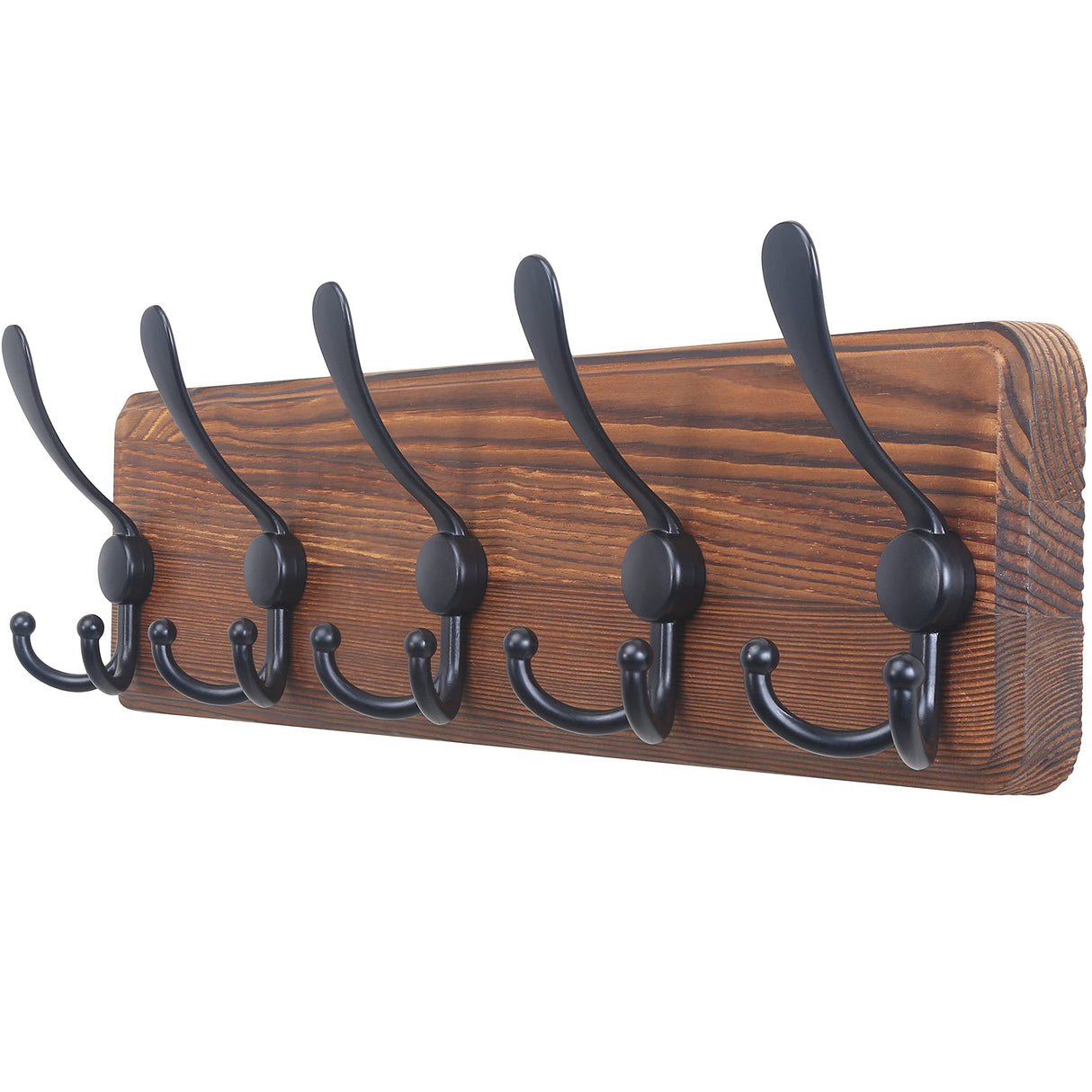 Dseap Coat Rack Wall Mounted - 5 Tri Hooks, Heavy Duty, Wooden Wall Coat Hanger Coat Hook for Clothes Hat Jacket Clothing, Natural & Black Dseap