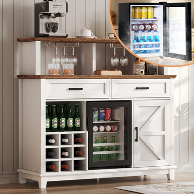 AMERLIFE 47" Farmhouse Coffee Bar Cabinet with 15" Refrigerator & Wine Rack & Glass Holder, Wine Cabinet with Storage Drawers & Open Shelves, Sideboard Buffet Cabinet for Dinging Room, Living Room
