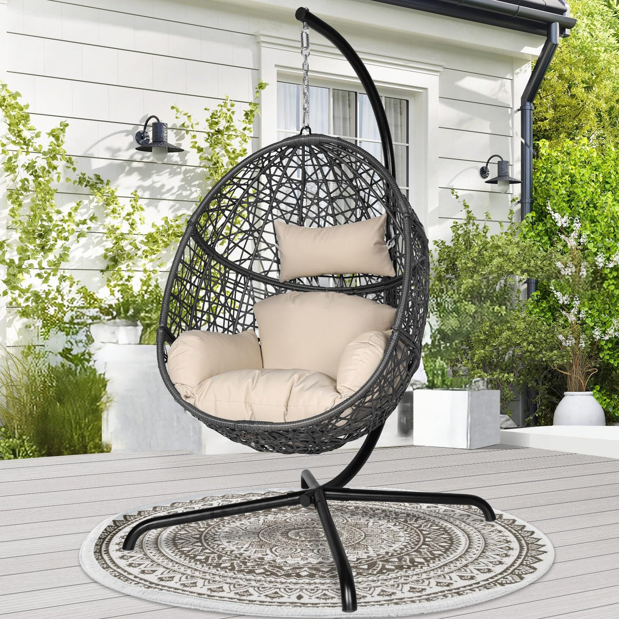 NICESOUL Oversized Patio Swing Egg Chair, Cozy Bird Cage Hanging Basket Chairs with Stand, Indoor Outdoor Large Rattan Swinging Chair, 450 lbs Sturdy Egg-Shape Padded Seat for Balcony Outside, Beige NICESOUL