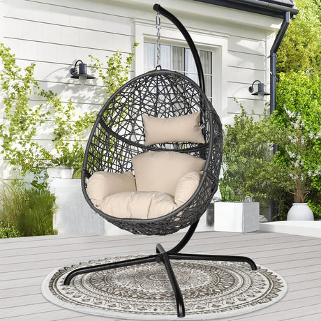 NICESOUL Oversized Patio Swing Egg Chair, Cozy Bird Cage Hanging Basket Chairs with Stand, Indoor Outdoor Large Rattan Swinging Chair, 450 lbs Sturdy Egg-Shape Padded Seat for Balcony Outside, Beige NICESOUL
