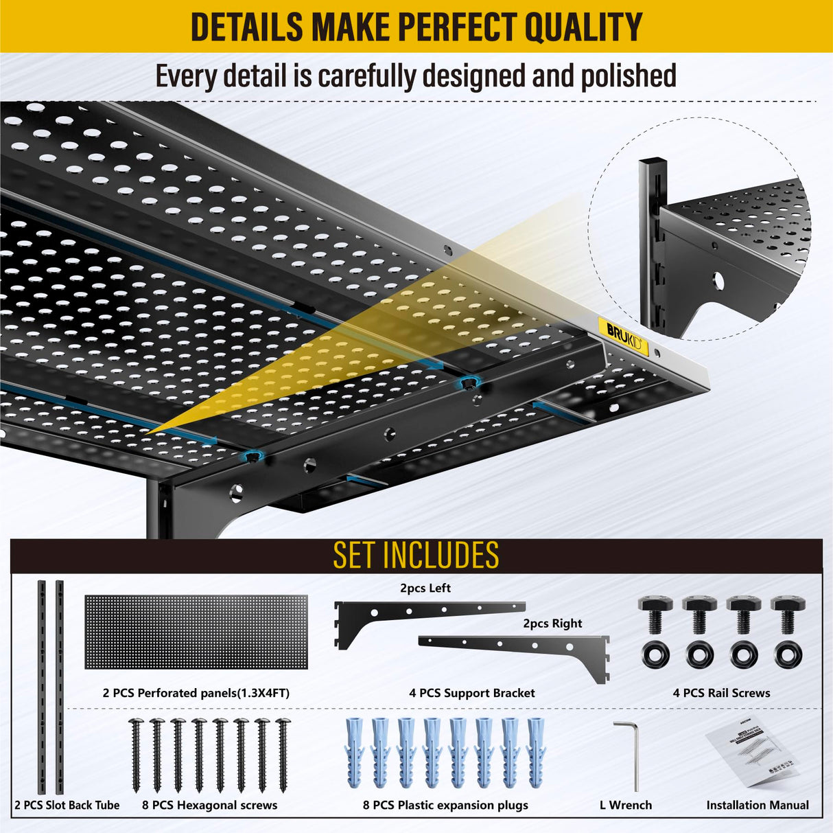 Brukid 2 Tier 1.3x4ft Garage Shelving Wall Mounted, 400 lbs Load Capacity，15.6x48inch per Shelf Height Cassette Adjustable Floating Shelves(Black) Brukid