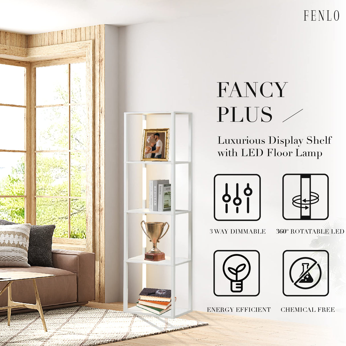 FENLO Fancy - LED Display Shelf with Dimmable Lights, LED Floor Lamps for Living Room, Sturdy Corner Curio Cabinet Display, Tall Floor Lamps with Shelves FENLO