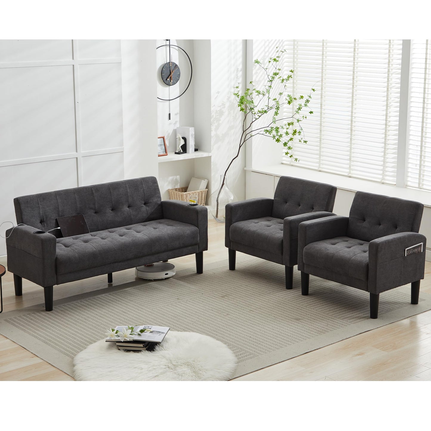 TYBOATLE Sofa Couch, Living Room Furniture Sectional Sofa Sets of 3 Pcs, Tufted Mid-Century Loveseat w/USB, Cupholders & Comfy Single Sofa for Small Space, Apartment, Office (Dark Grey)