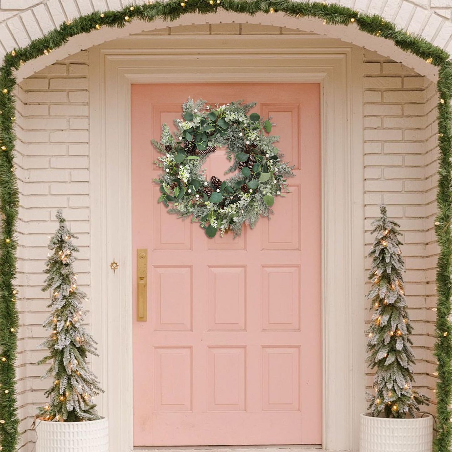 24" Christmas Wreath with Pine Cones White Berries, Winter Eucalyptus Artificial Faux Evergreen Wreath Greenery Decoration for Front Door Window Home Wall Farmhouse Holiday Outdoor Indoor Décor