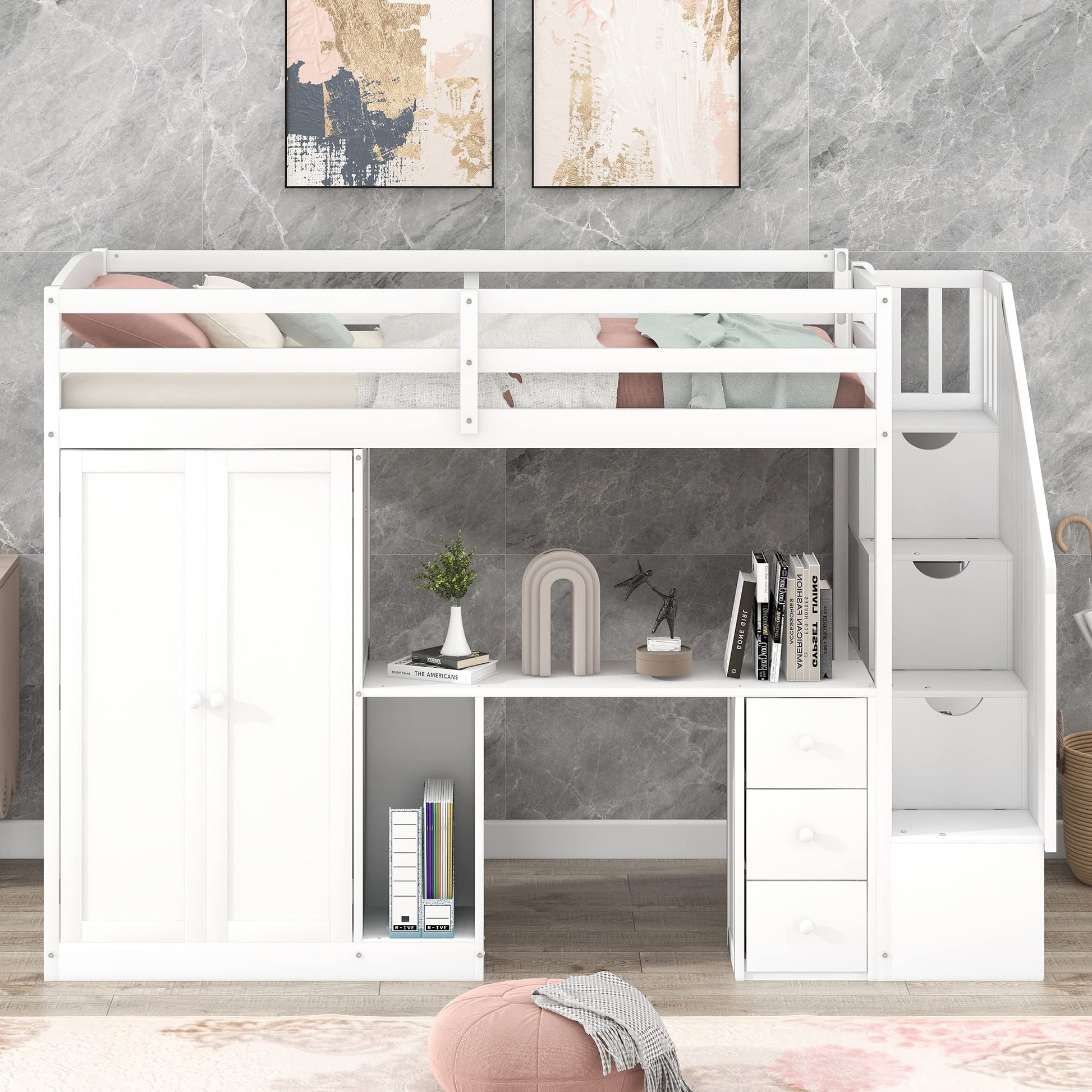 MERITLINE Twin Loft Bed with Desk, Wardrobe, and Storage Stairs - Space-Saving Design for Kids and Teens in White - WoodArtSupply