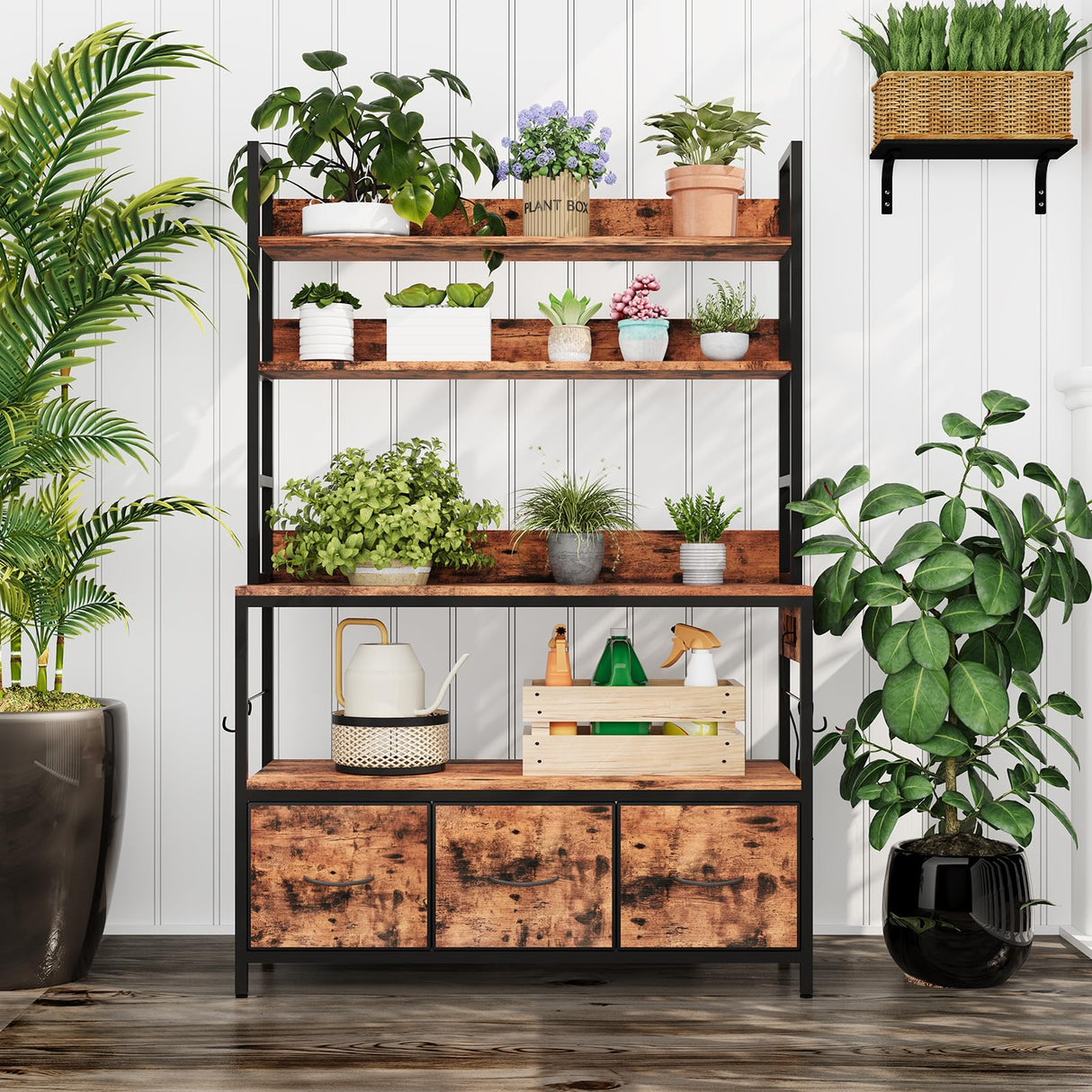 Garvee Kitchen Bakers Rack with Storage and Power Outlet, 5-Tier Industrial Microwave Stand with Drawers and Open Shelves, Metal Frame, Farmhouse Coffee Bar Cabinet, Brown Garvee