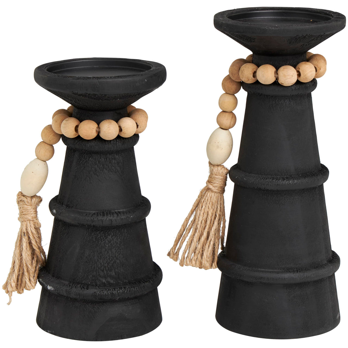 Deco 79 Wood Handmade Decorative Candle Holder Textured Matte Candle Stand with Beaded Garland Accent, Set of 2 Candlestick Holder 10", 8" H, Black Deco 79
