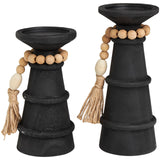 Deco 79 Wood Handmade Decorative Candle Holder Textured Matte Candle Stand with Beaded Garland Accent, Set of 2 Candlestick Holder 10", 8" H, Black Deco 79