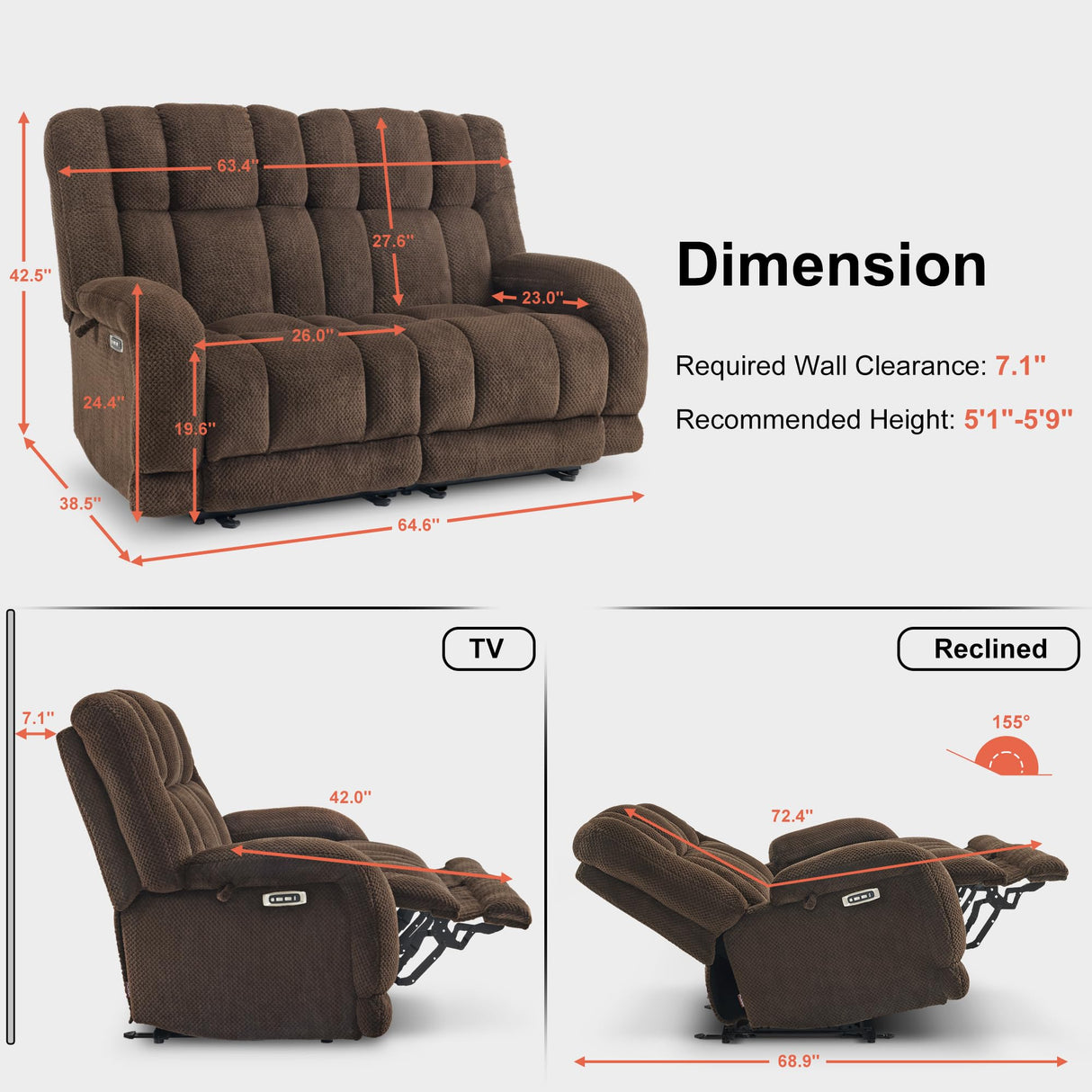 MCombo 64.6" Oversize Power Reclining Loveseat Sofa with Adjustable Headrest, Heat and Vibration, Fabric Electric Loveseat Recliner with USB Charge Ports for Living Room 6855 (Brown) MCombo