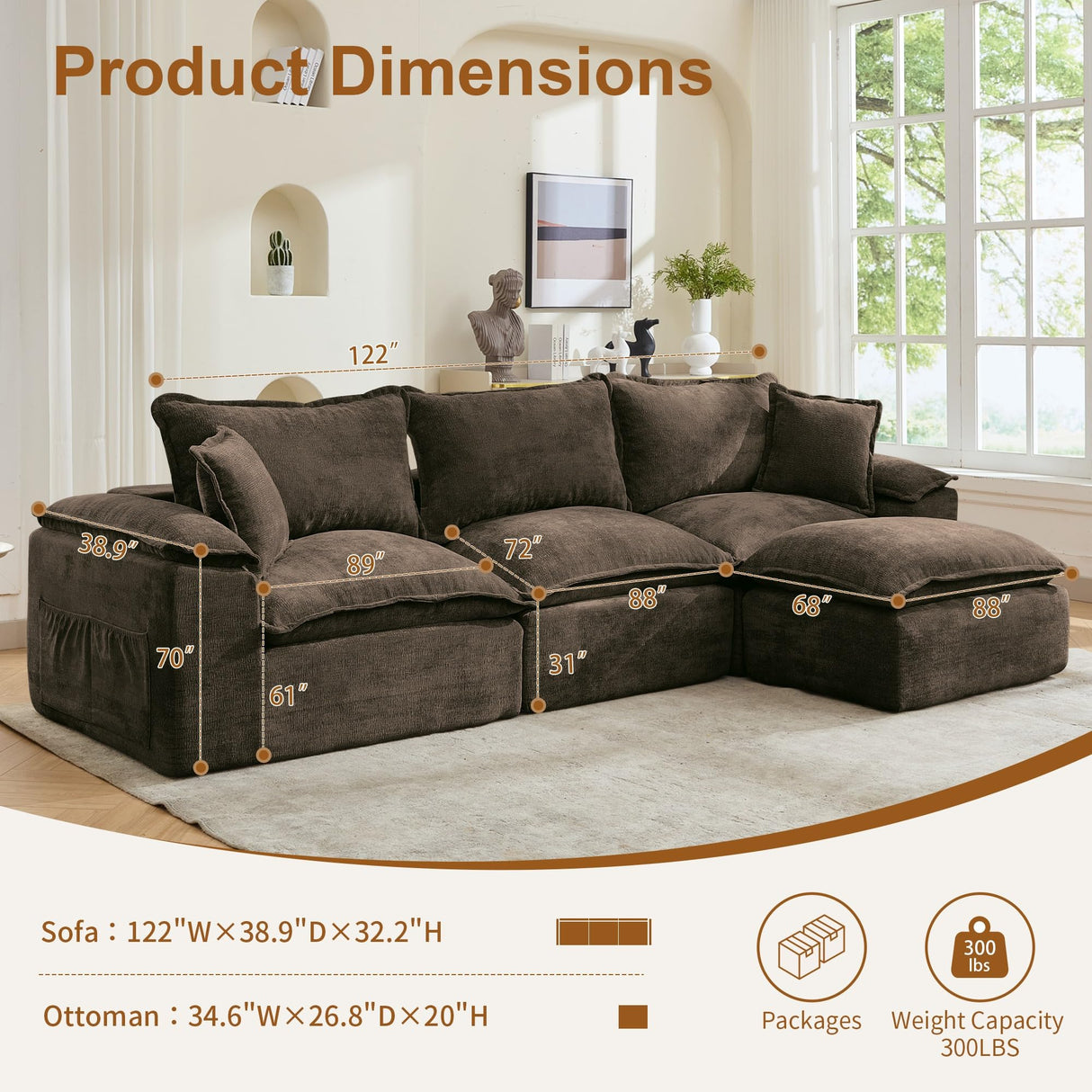 Korser 122" Sectional Couches for Living Room, Modular Boneless Couch with Deep Seat & Fluffy Cushion, Cozy Double-Layer Cushioned Sofa with Convertible Ottoman, Comfy Cloud Sofa, No Assembly Required Korser