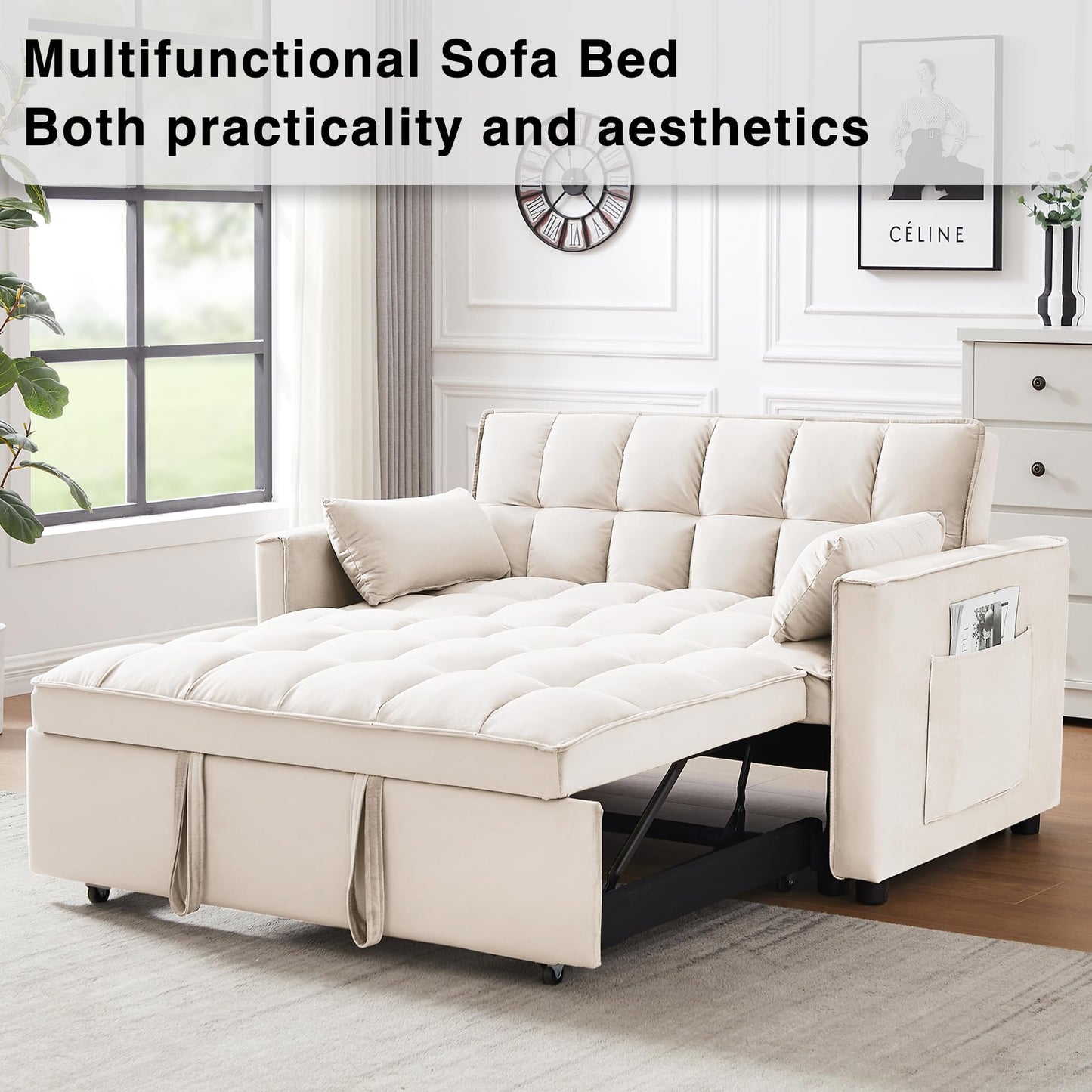 Wakefit 3 in 1 Convertible Sleeper Sofa Bed, Futon Couches for Living Room with Side Pocket | Adjustable Backrest| Velvet Fabric | Pull Out Couch | Recliner Loveseat | Sectional Sofa, Creamywhite