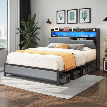 YITAHOME Bed Frame Queen Size, LED Bed Frame with Upholstered Storage Headboard, Heavy Duty Platform Bed Frame with Charging Station & Metal Slats, No Box Spring Needed, Gray