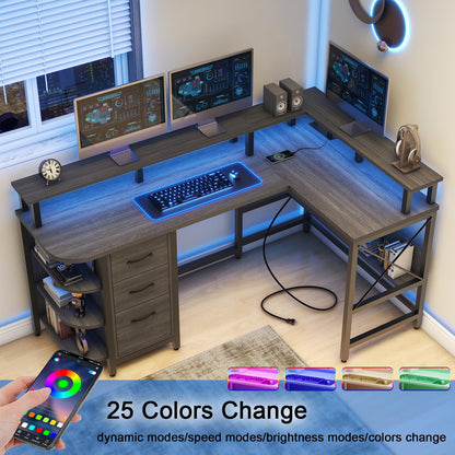 67" L Shaped Computer Desk with LED Lights and Power Outlets, Reversible L Shaped Gaming Desk with 3 Drawers Hutch Monitor Stand, Home Office Desk with USB Port Home Office