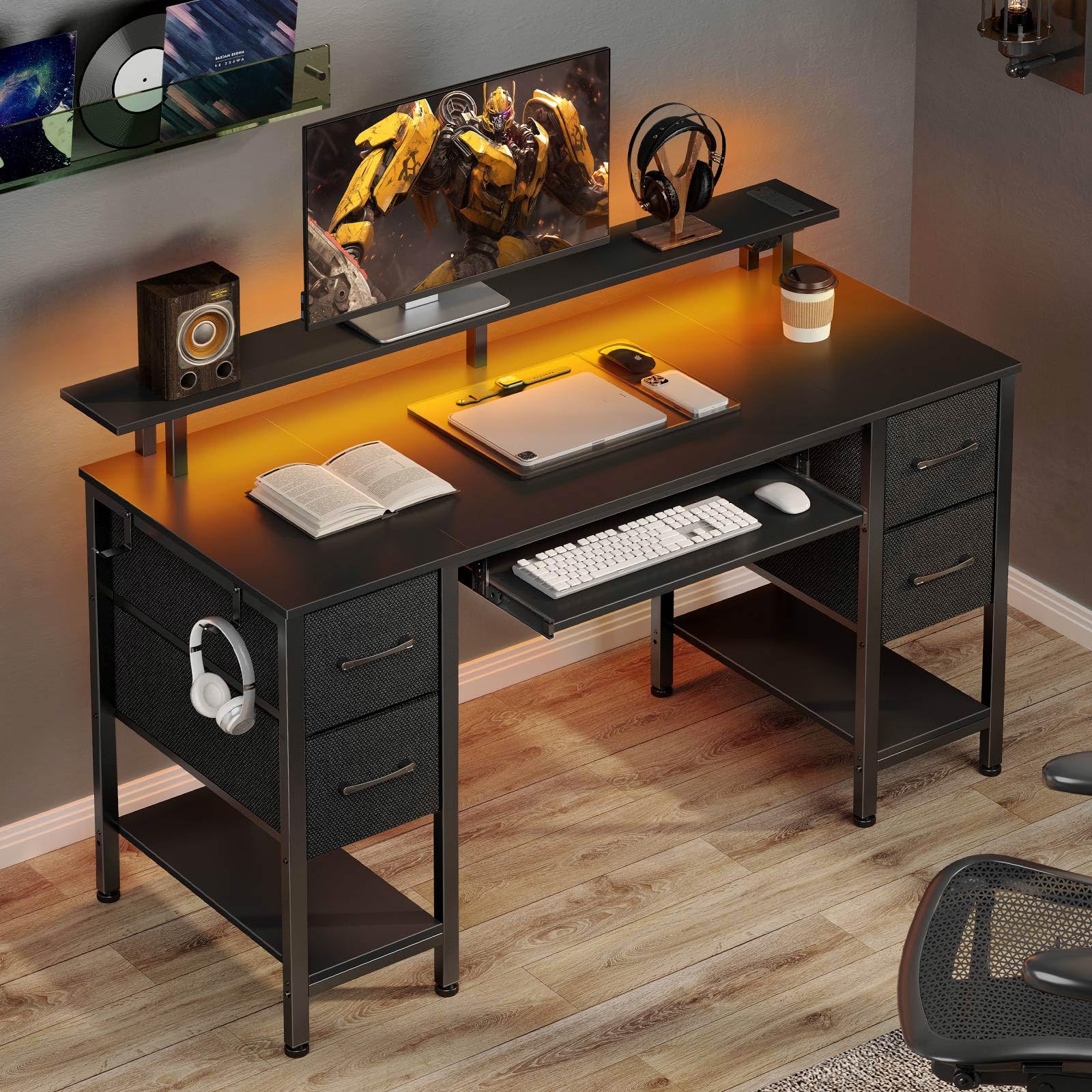 Seventable Computer Desk 55.1" with LED Lights & Power Outlets, Home Office Desk with 4 Drawers, Writing Desk with Keyboard Tray, Study Desk with Monitor Stand, Work Desk for Home Office, Bla - WoodArtSupply