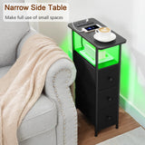 LOAKEKEL Narrow End Tables Living Room Set of 2 with Charging Station, Skinny Side Table with Fabric Drawers, Slim LED Nightstand for Bedroom, Small Spaces, Couch, Black, HETNDP03LBK LOAKEKEL