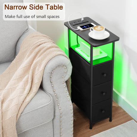 LOAKEKEL Narrow End Tables Living Room Set of 2 with Charging Station, Skinny Side Table with Fabric Drawers, Slim LED Nightstand for Bedroom, Small Spaces, Couch, Black, HETNDP03LBK LOAKEKEL