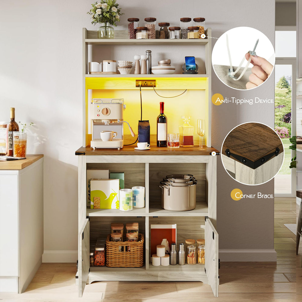 YITAHOME Bakers Rack Cabinet, Microwave Stand with Power Outlet & RGB LED Lights, Farmhouse Coffee Bar Station with Storage, 5-Tier Kitchen Pantry Hutch for Dining Living Room,White Walnut Grain YITAHOME