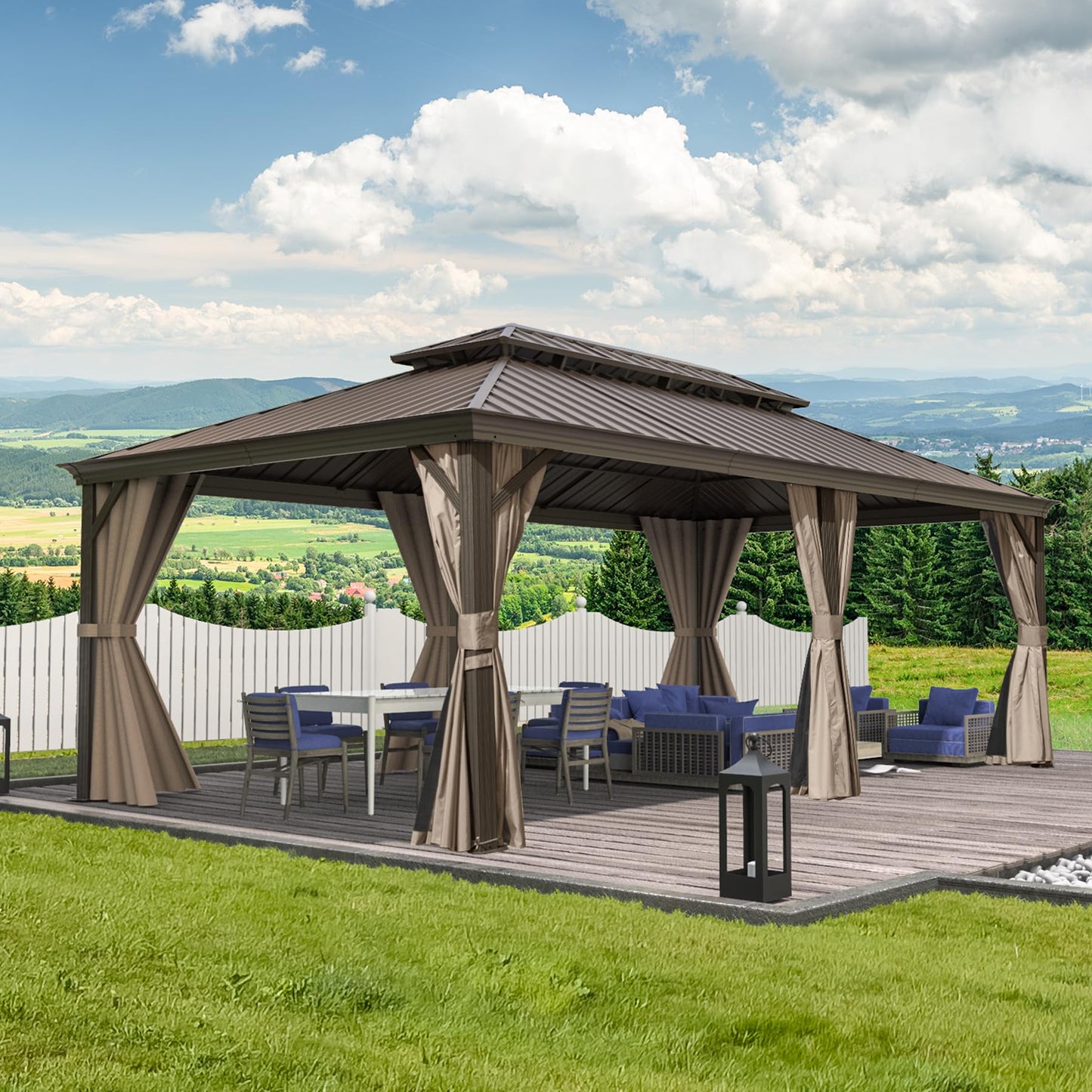 Domi 14'x22' Hardtop Gazebo Canopy,Outdoor Aluminum Gazebo with Galvanized Steel Double Roof,Large Permanent Gazebo Pavilion for Patio Deck Backyard,Curtain and Netting, Dark Brown - WoodArtSupply