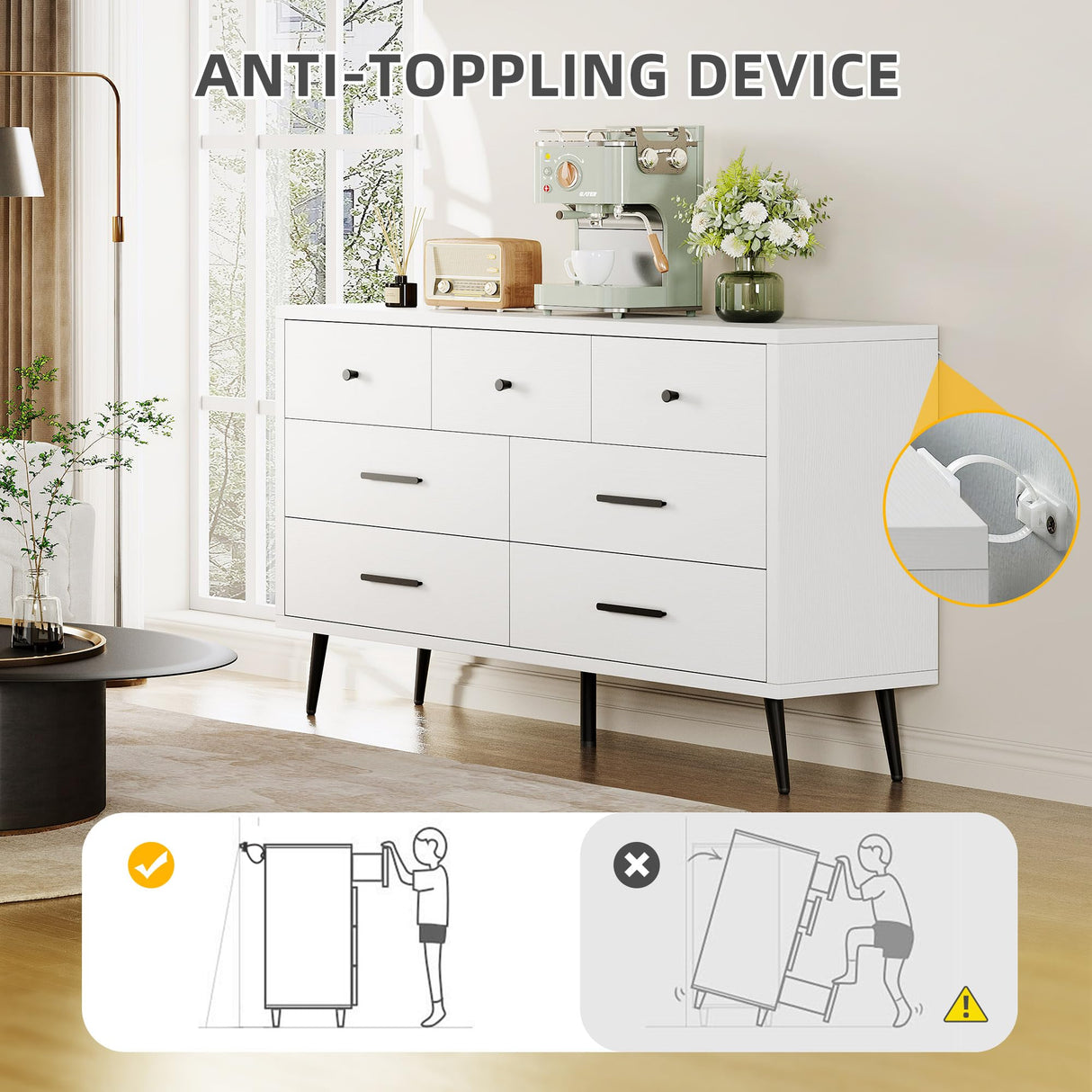 DWVO White 7 Drawer Dresser, 47" W Large Double Dresser Chest of Drawers, Modern Wood Storage Dresser Organizer with Black Metal Handles & Anti-Tipping Device for Hallway, Entryway DWVO