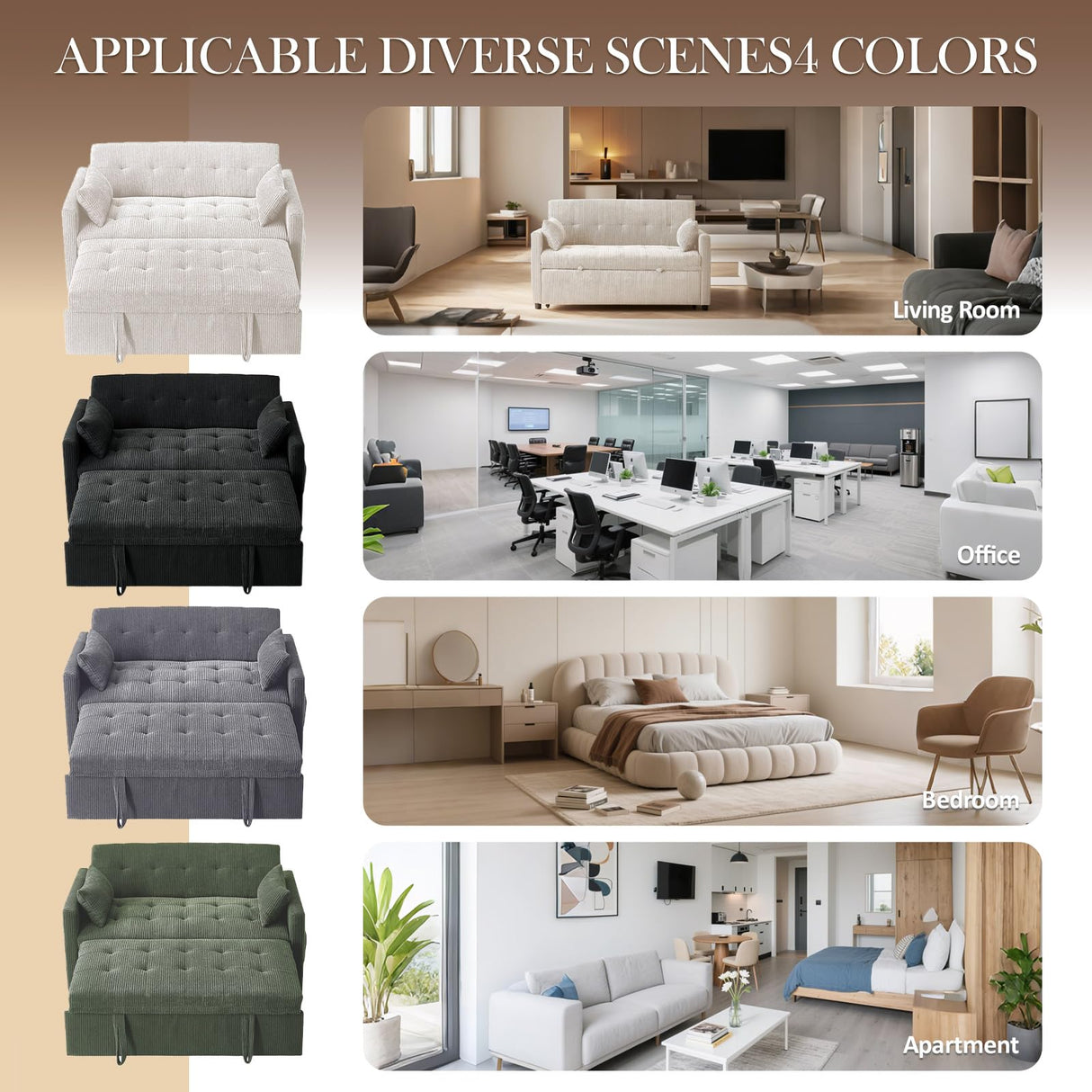 UXENAFANA Sofa Bed, Loveseat 3-in-1 Sleeper Sofa with Pull Out Bed, Pockets and USB, Modern 2 Seater Convertible Small Couch for Living Room Bedroom Apartment (Beige, Corduroy) UXENAFANA