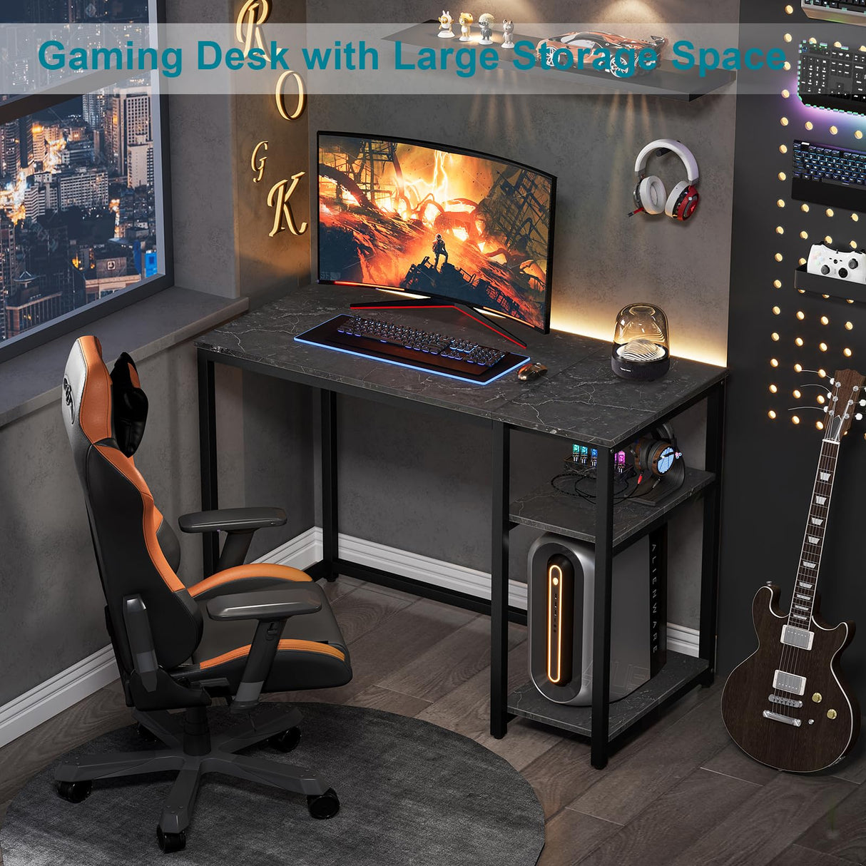 SINPAID Computer Desk 40 inches with 2-Tier Shelves Sturdy Home Office Desk with Large Storage Space Modern Gaming Desk Study Writing Laptop Table, Black Marbling (Black Marbling, 40) SINPAID