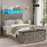 Hasuit Farmhouse Bed Frame Twin Size with Storage Headboard, Charging Station and LED Light, Wooden Twin Bed Frame with Storage Ottoman, Barn Door Design, No Box Spring Needed, No Noise (Oak Grey) Hasuit