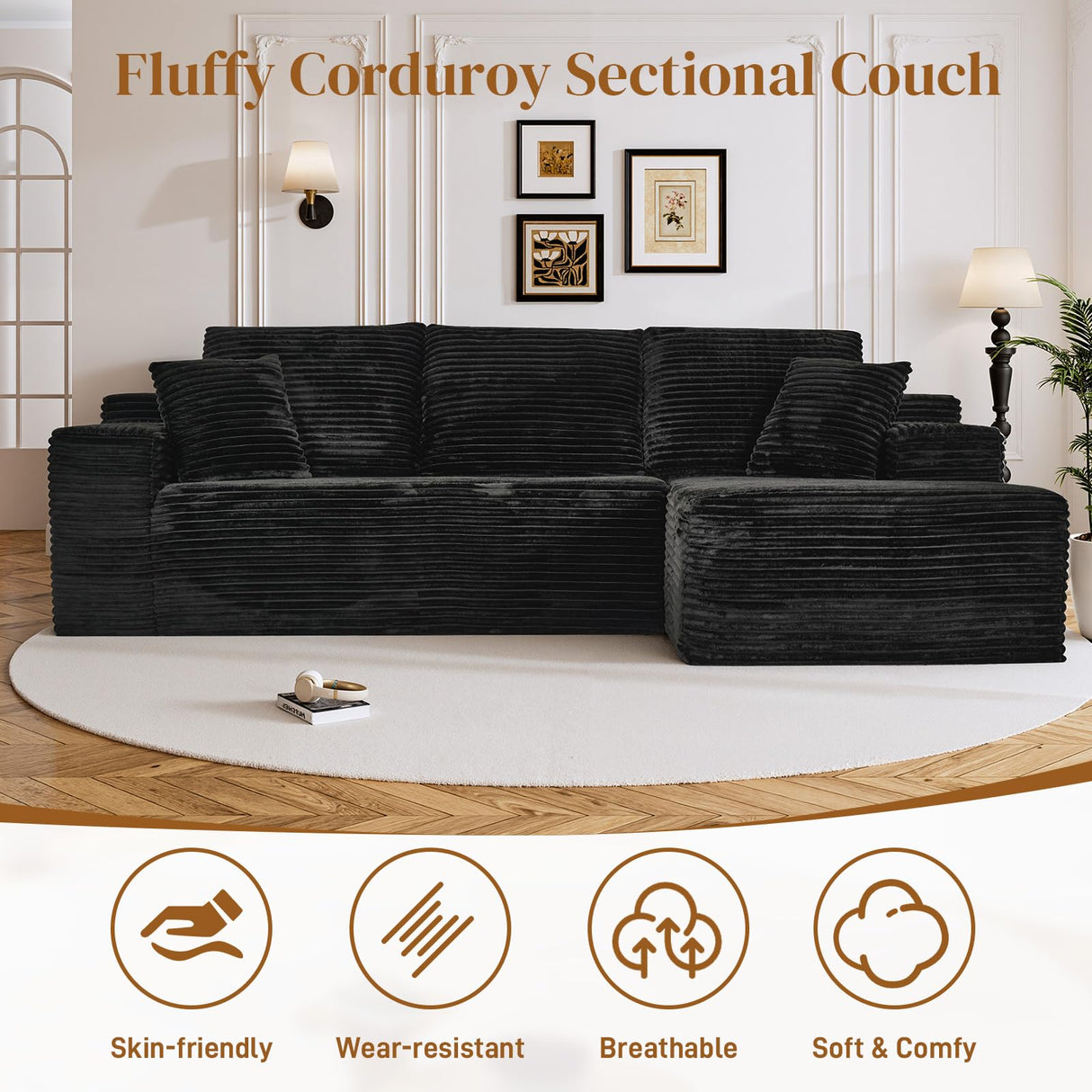 Repantes 108" L Shaped Boneless Sectional Couches for Living Room, Comfy Corduroy Floor Cloud Sofa with Chaise, Wide Armrest, Deep Seat, Memory Foam, Assembly Free, Ideal for Small Spaces, Black Repantes