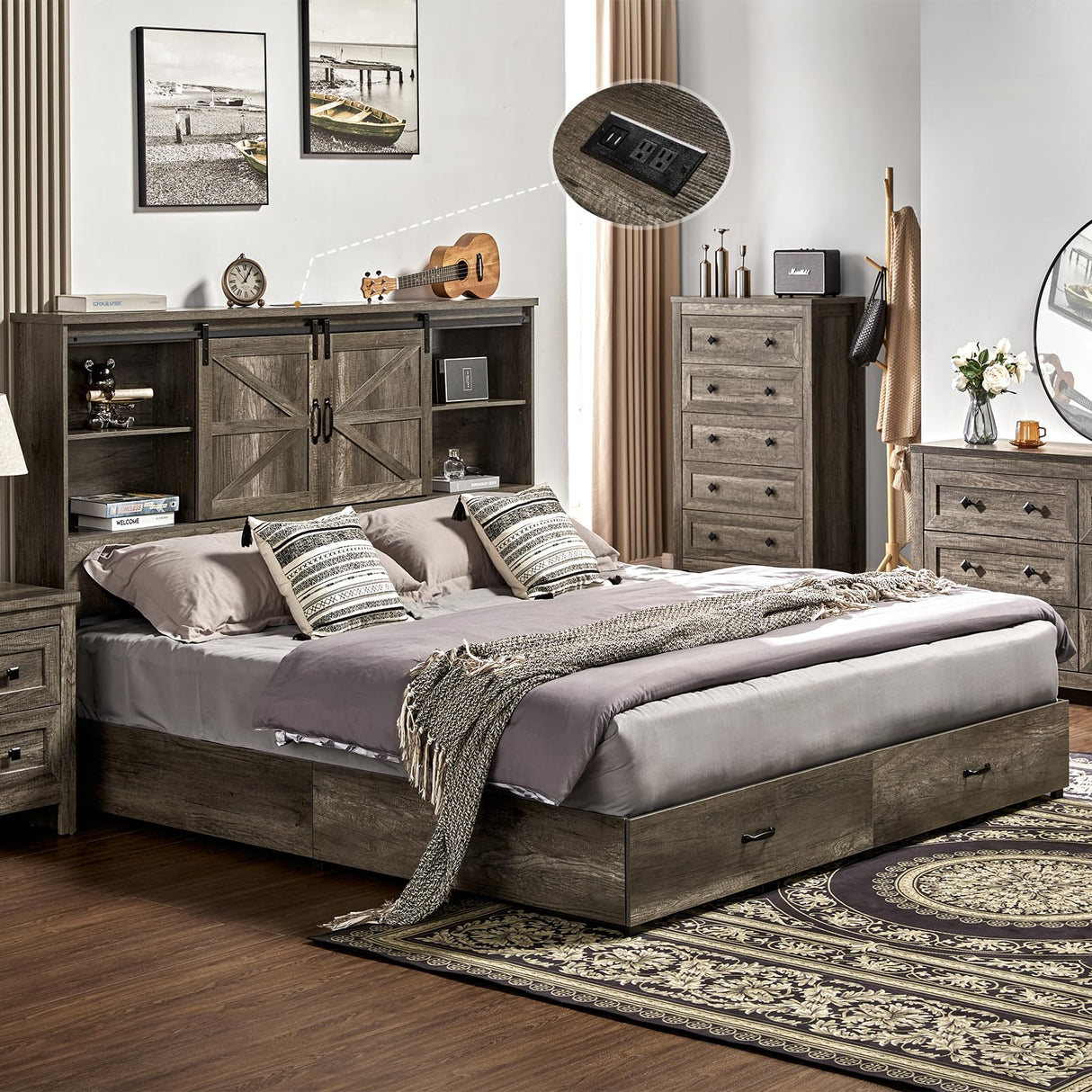 VanAcc Rustic Grey Queen Size Wooden Platform Bed Frame with Bookcase Headboard & Storage Drawers VanAcc